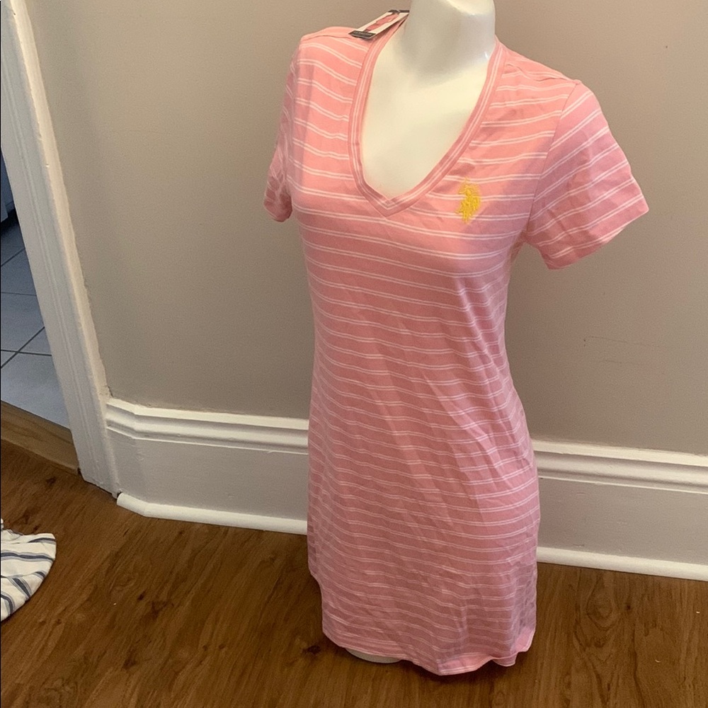 U.S. Polo Assn. Pink and White Casual V-Neck Shirt Dress